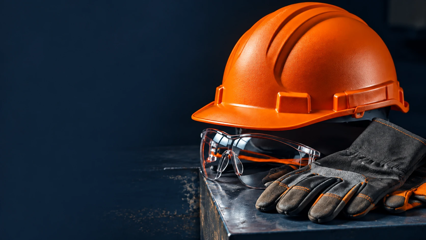 Casco naranja, lentes de protección y guantes sobre una mesa industrial